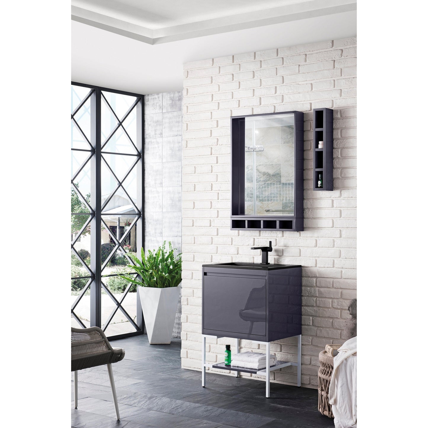 James Martin Vanities Milan 23.6" Modern Grey Glossy, Glossy White Single Vanity Cabinet With Charcoal Black Composite Top
