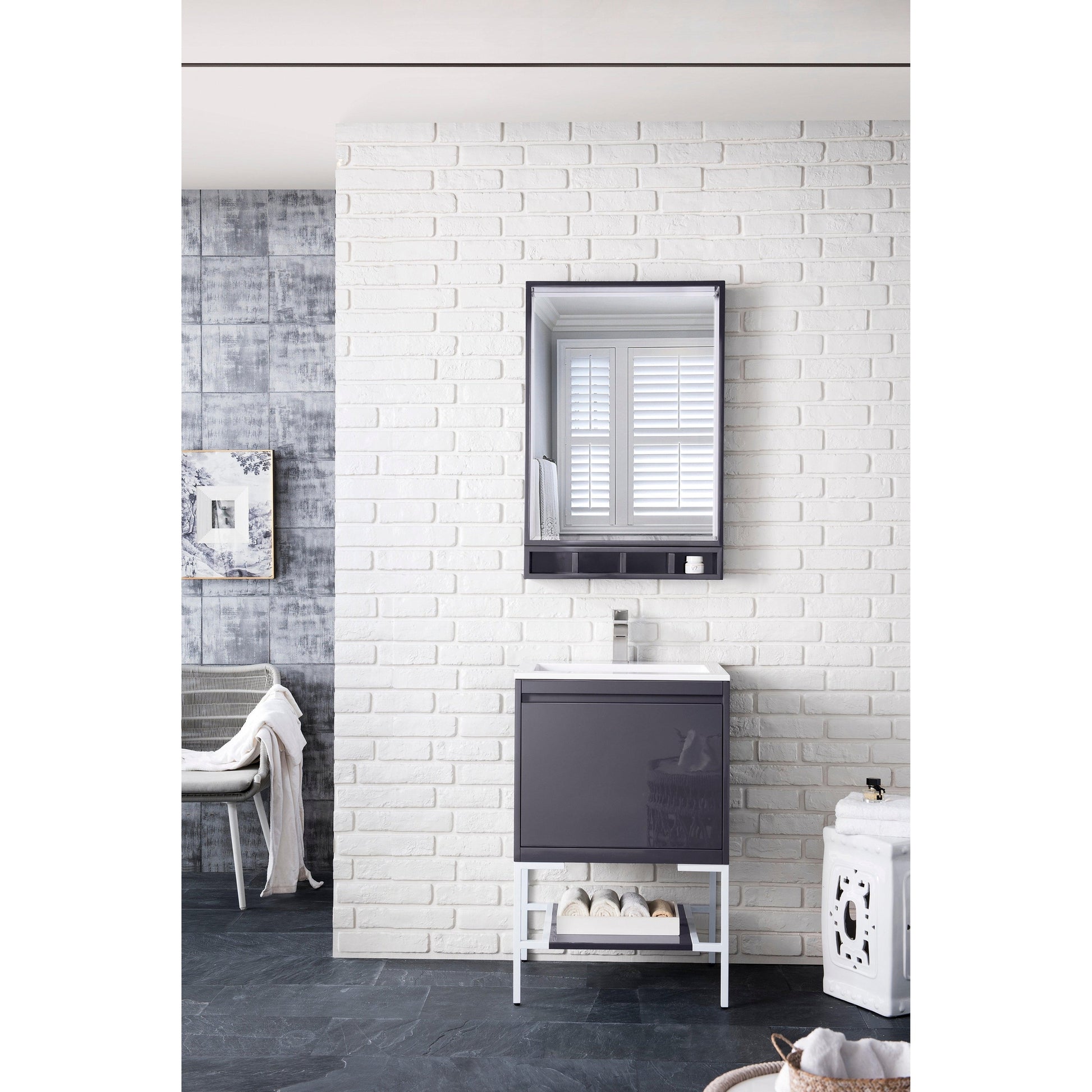 James Martin Vanities Milan 23.6" Modern Grey Glossy, Glossy White Single Vanity Cabinet With Glossy White Composite Top