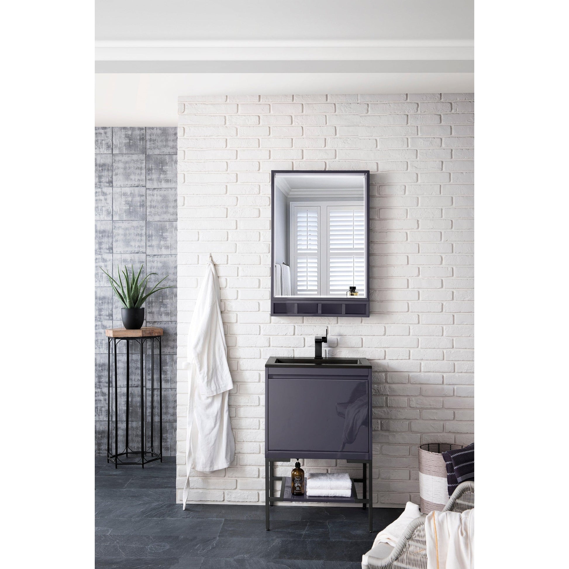 James Martin Vanities Milan 23.6" Modern Grey Glossy, Matte Black Single Vanity Cabinet With Charcoal Black Composite Top