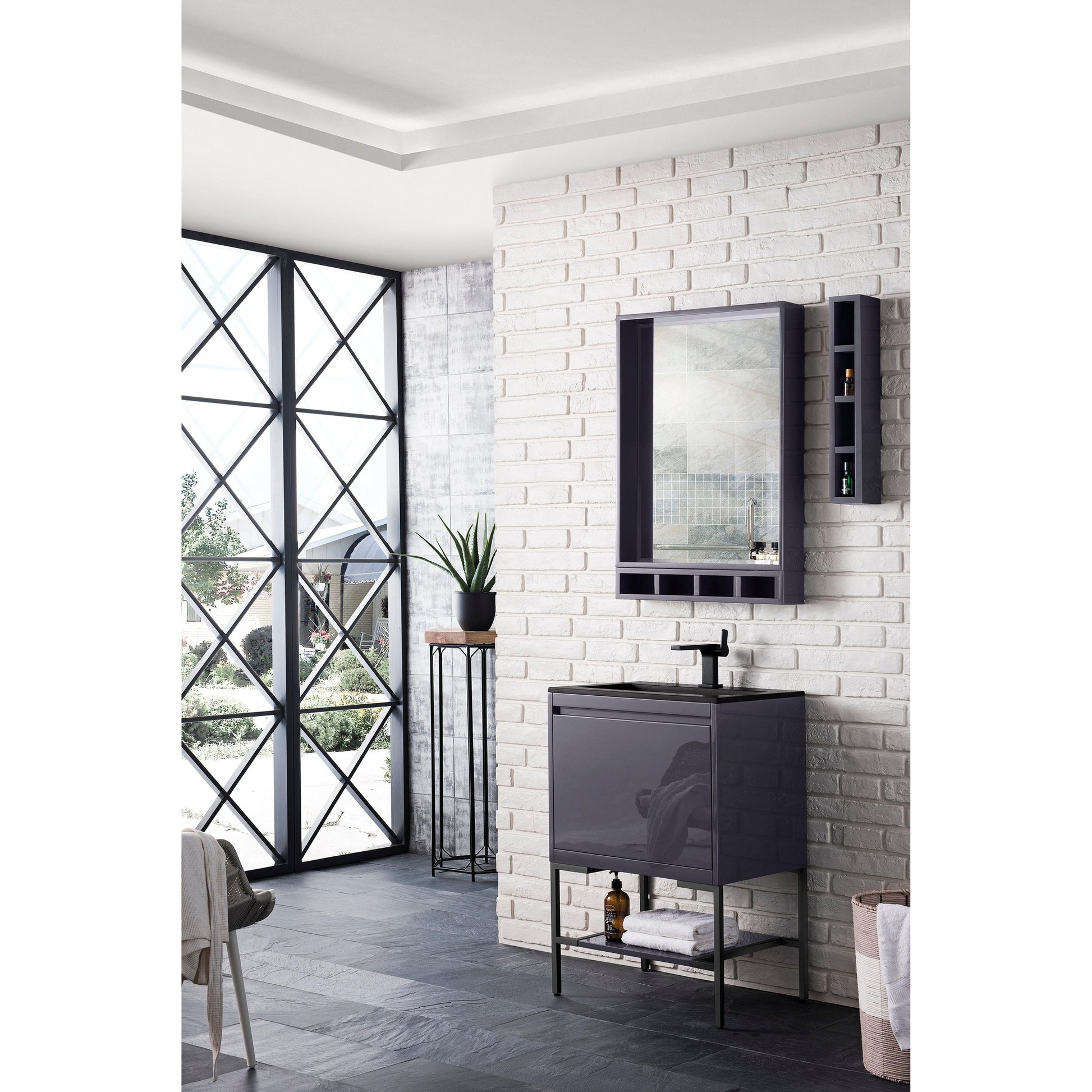 James Martin Vanities Milan 23.6" Modern Grey Glossy, Matte Black Single Vanity Cabinet With Charcoal Black Composite Top