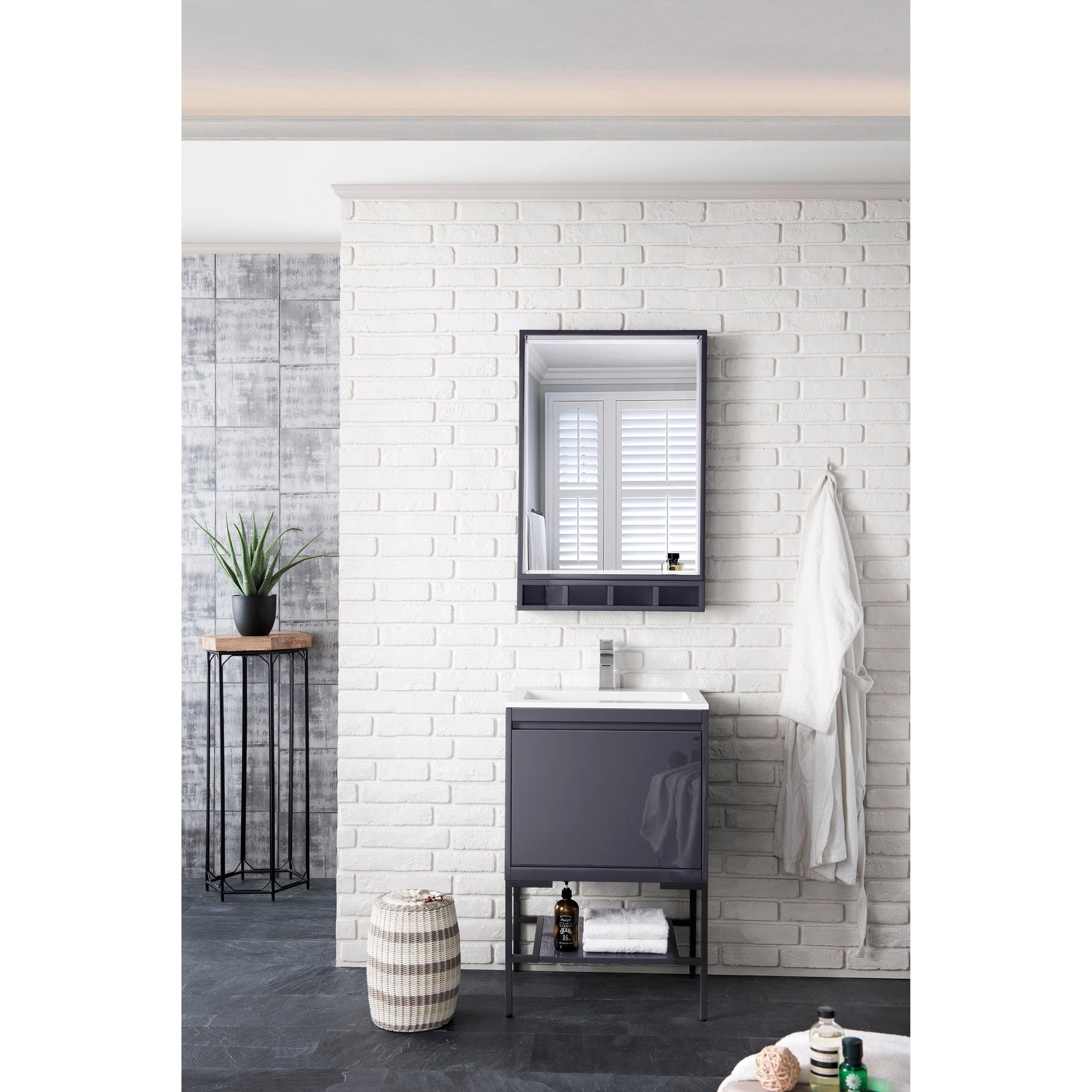 James Martin Vanities Milan 23.6" Modern Grey Glossy, Matte Black Single Vanity Cabinet With Glossy White Composite Top