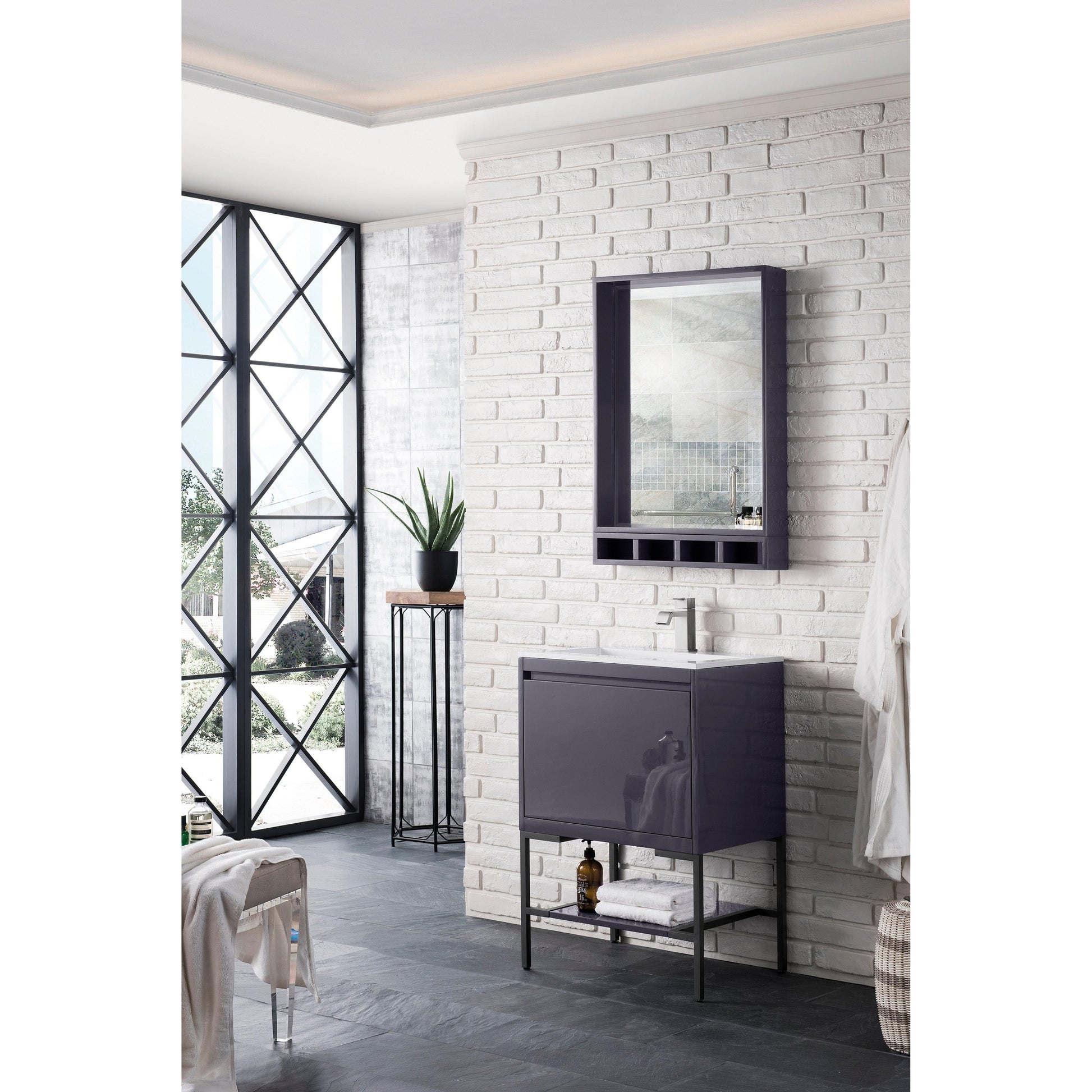 James Martin Vanities Milan 23.6" Modern Grey Glossy, Matte Black Single Vanity Cabinet With Glossy White Composite Top