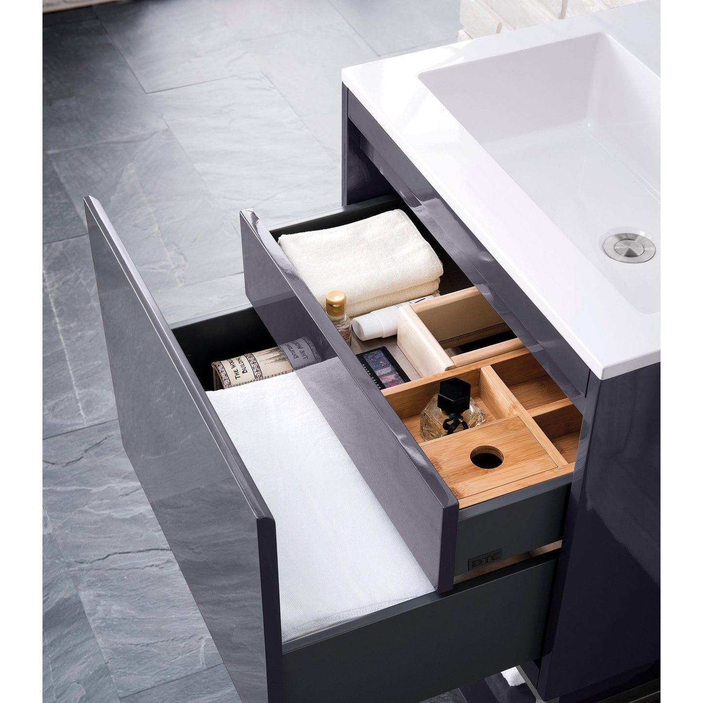 James Martin Vanities Milan 23.6" Modern Grey Glossy, Matte Black Single Vanity Cabinet With Glossy White Composite Top