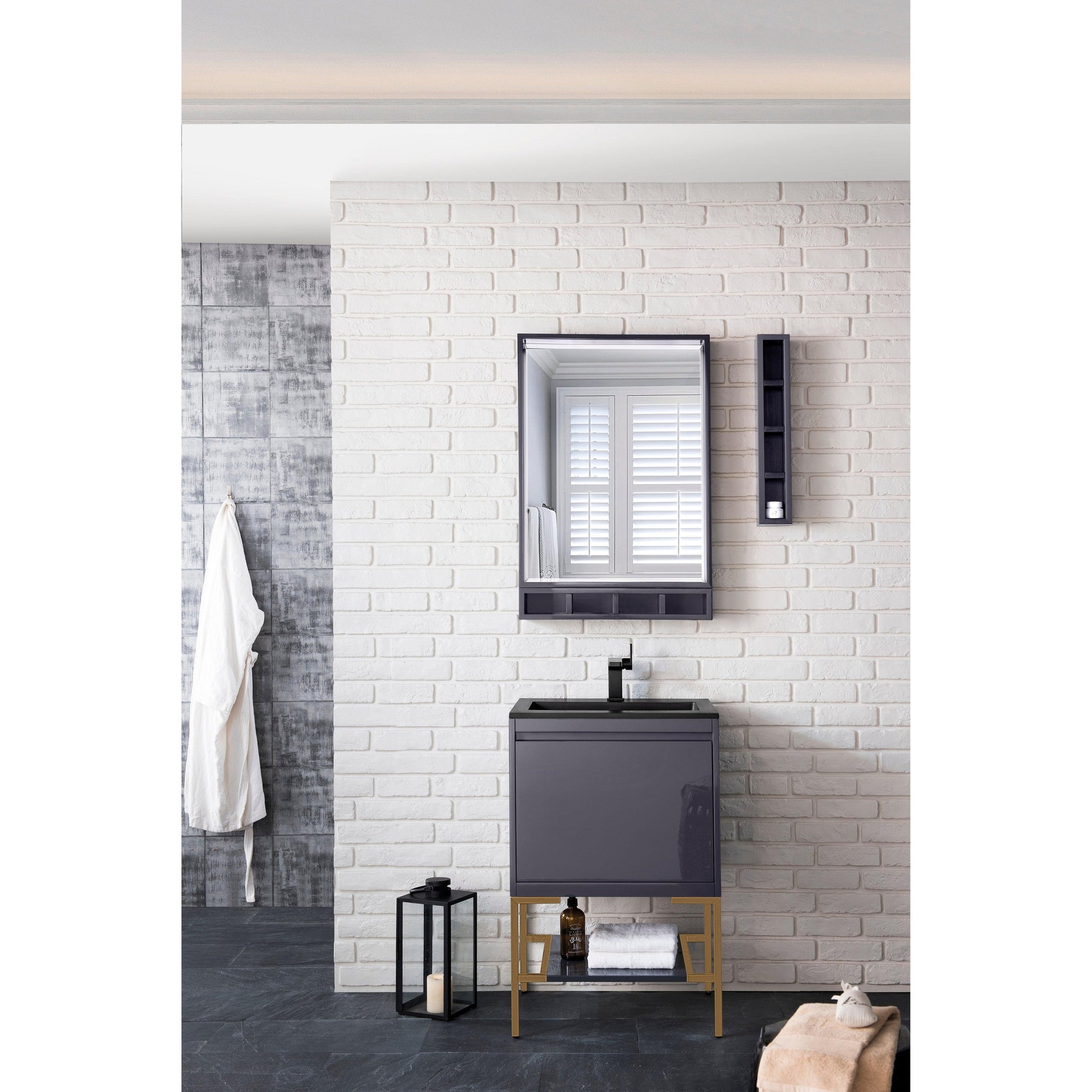 James Martin Vanities Milan 23.6" Modern Grey Glossy, Radiant Gold Single Vanity Cabinet With Charcoal Black Composite Top