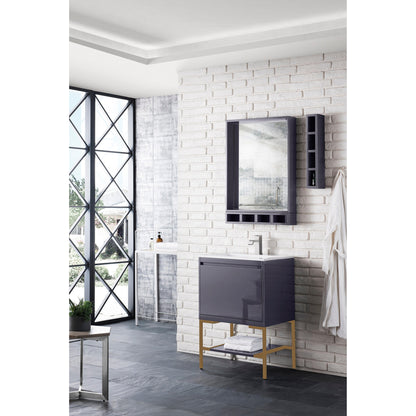 James Martin Vanities Milan 23.6" Modern Grey Glossy, Radiant Gold Single Vanity Cabinet With Glossy White Composite Top