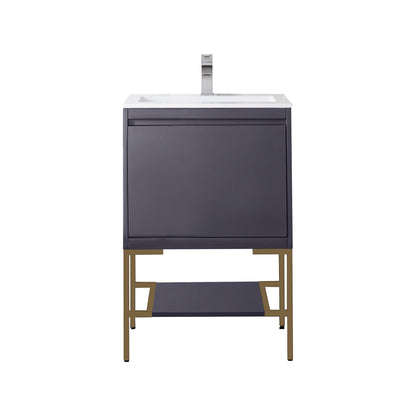 James Martin Vanities Milan 23.6" Modern Grey Glossy, Radiant Gold Single Vanity Cabinet With Glossy White Composite Top