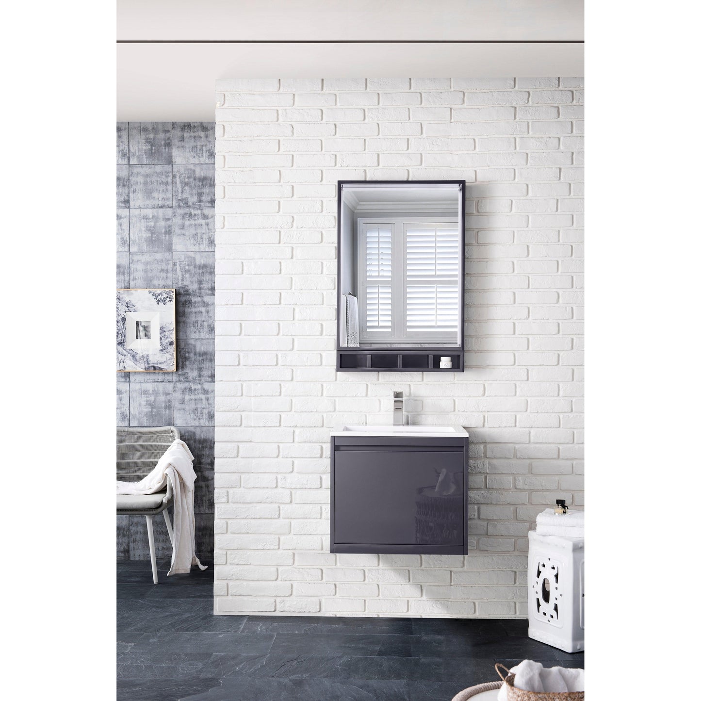 James Martin Vanities Milan 23.6" Modern Grey Glossy Single Vanity Cabinet With Glossy White Composite Top
