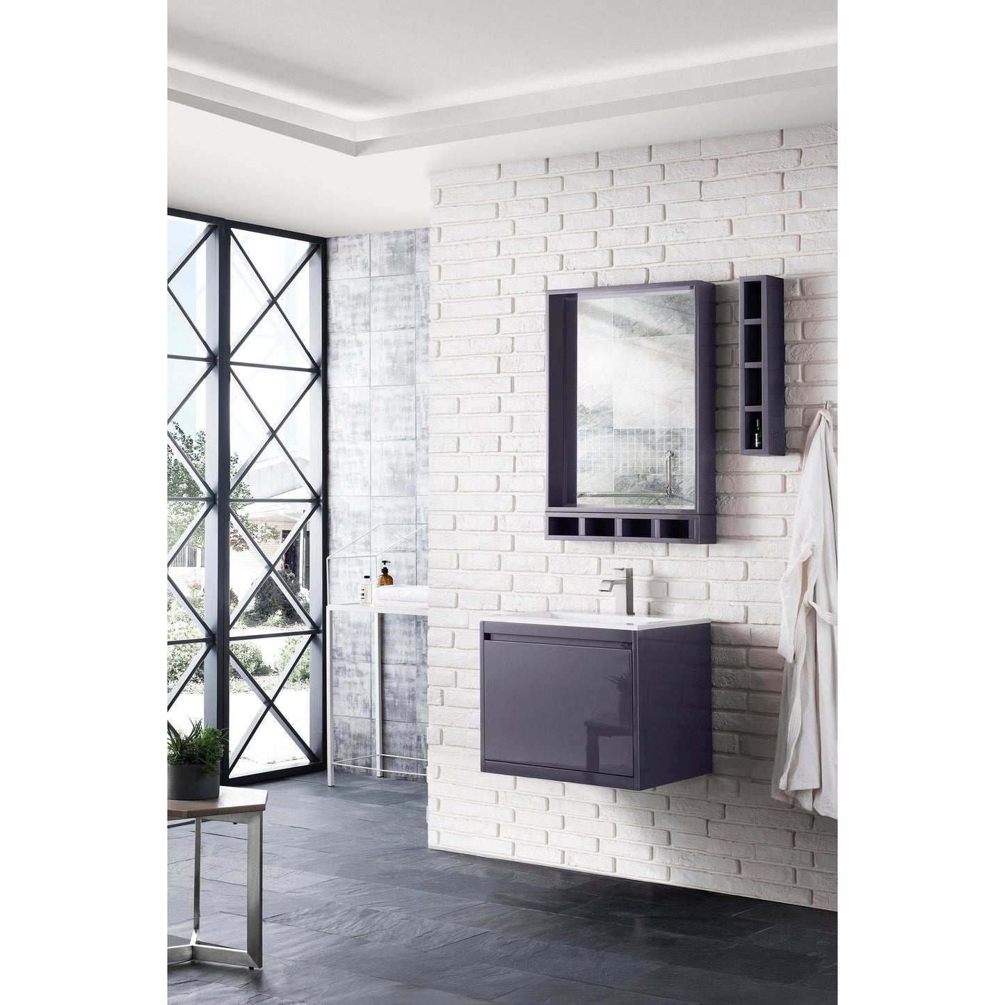 James Martin Vanities Milan 23.6" Modern Grey Glossy Single Vanity Cabinet With Glossy White Composite Top