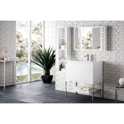 James Martin Vanities Milan 31.5" Glossy White, Brushed Nickel Single Vanity Cabinet With Glossy White Composite Top