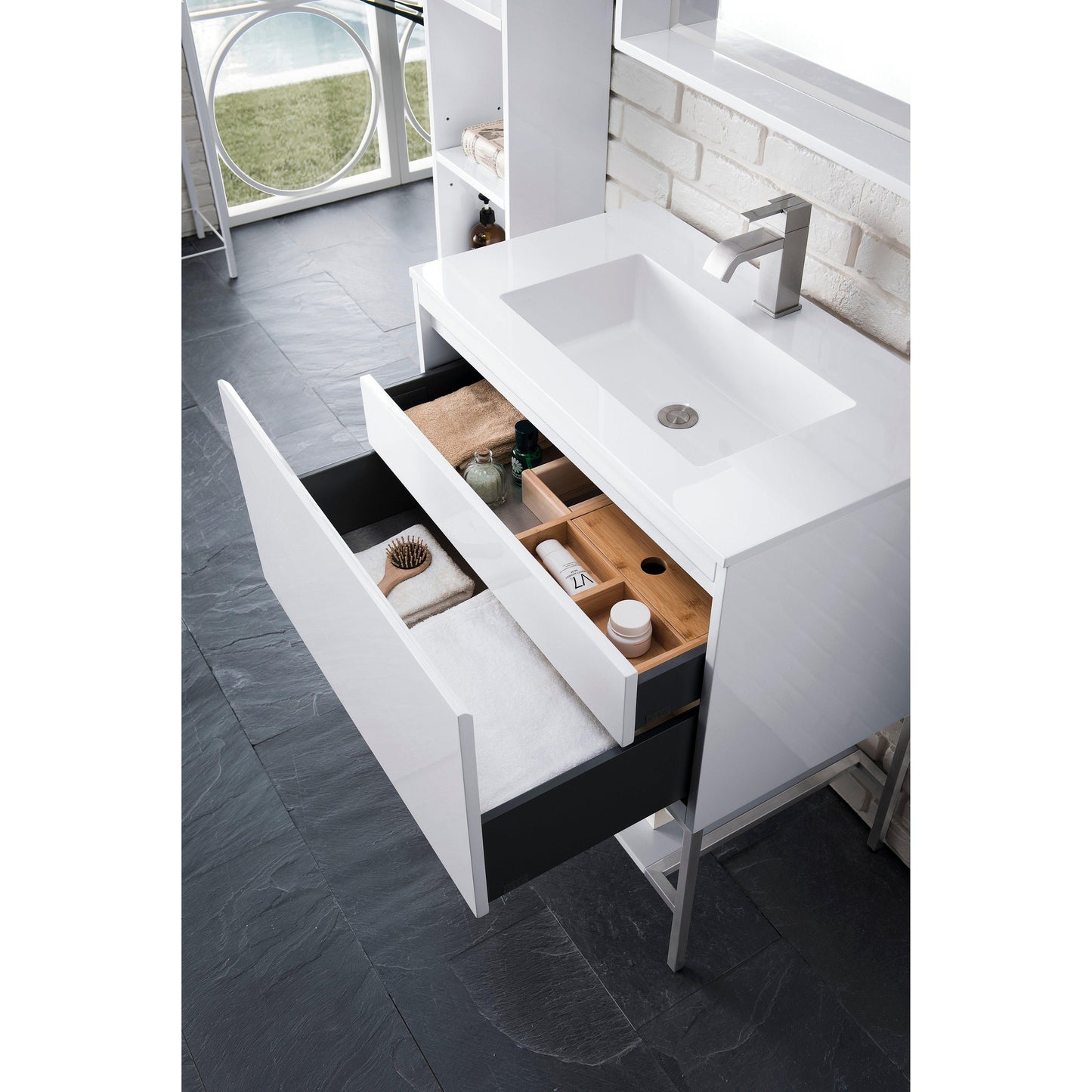 James Martin Vanities Milan 31.5" Glossy White, Brushed Nickel Single Vanity Cabinet With Glossy White Composite Top