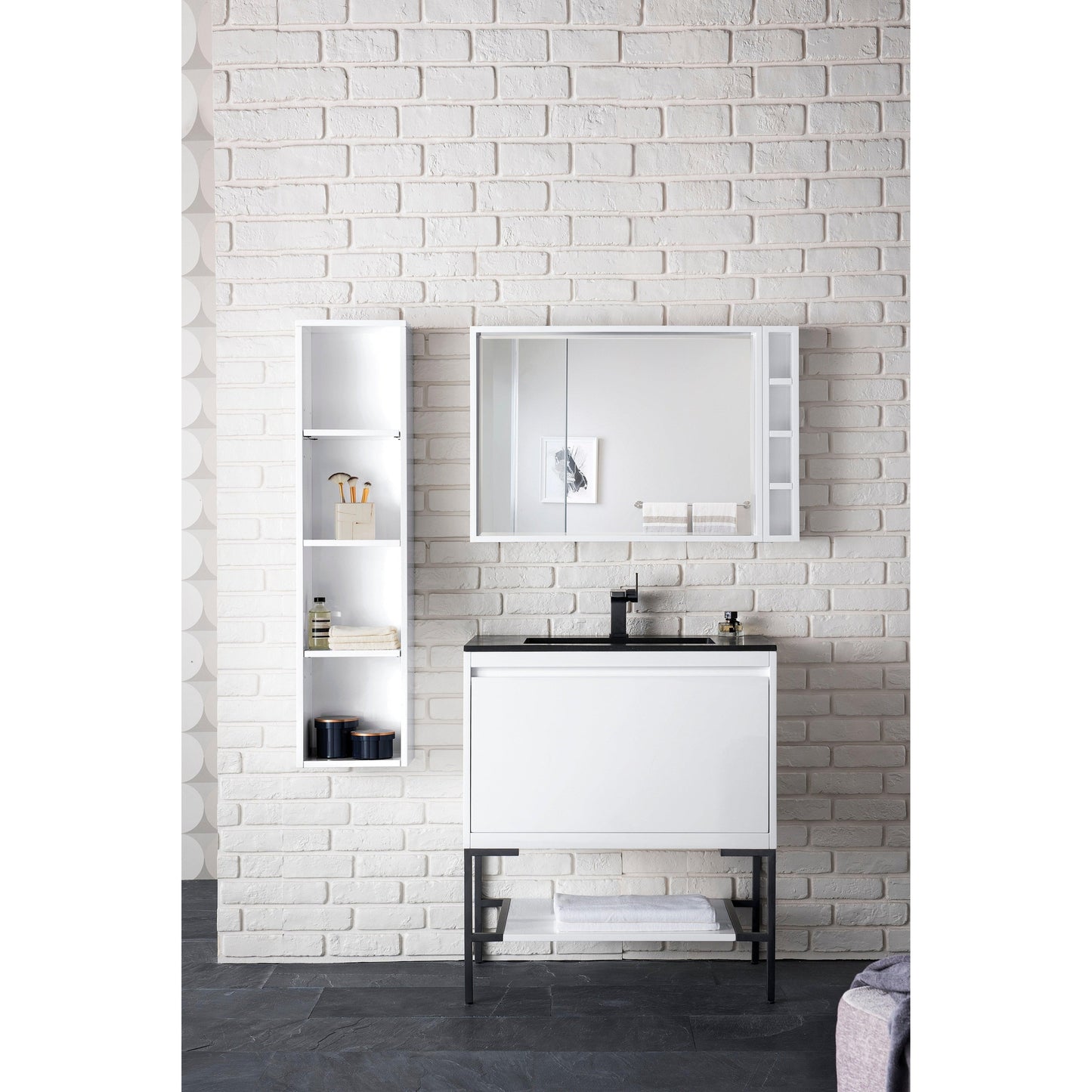 James Martin Vanities Milan 31.5" Glossy White, Matte Black Metal Base Single Vanity Cabinet