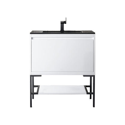 James Martin Vanities Milan 31.5" Glossy White, Matte Black Metal Base Single Vanity Cabinet