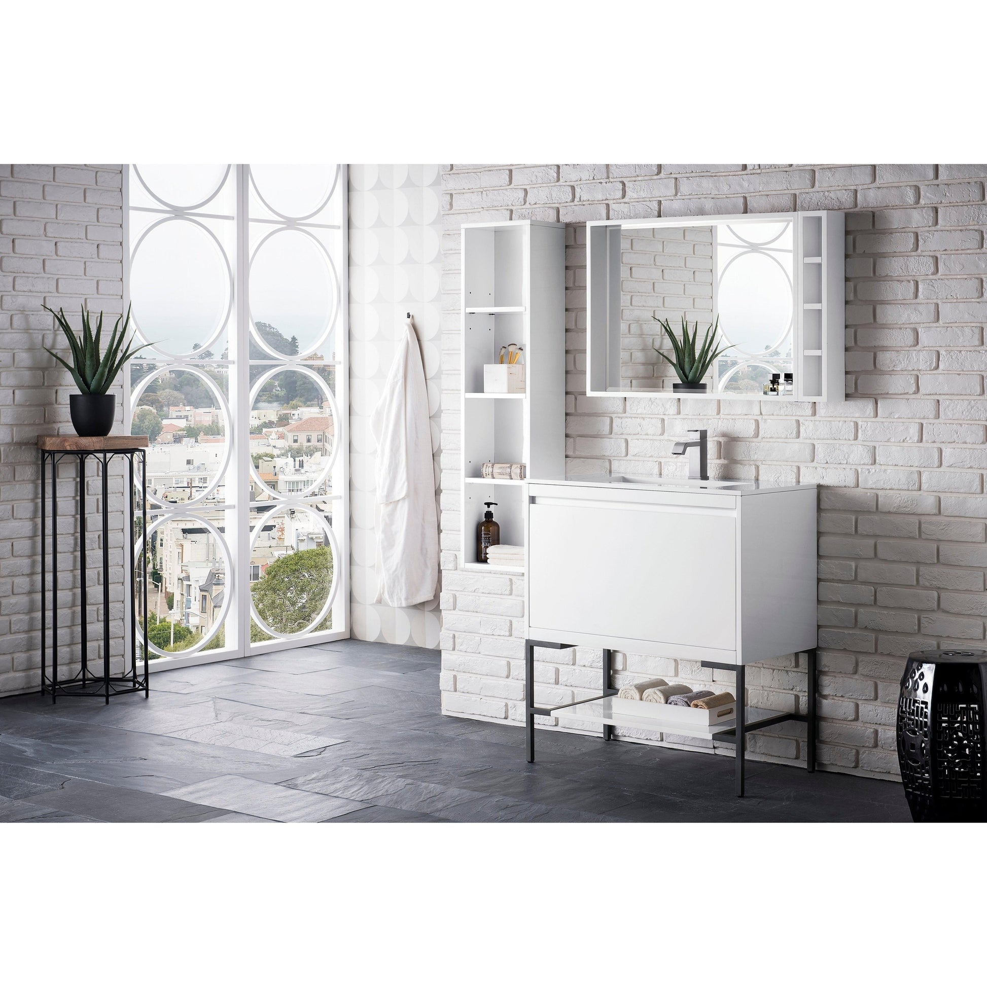 James Martin Vanities Milan 31.5" Glossy White, Matte Black Single Vanity Cabinet With Charcoal Black Composite Top
