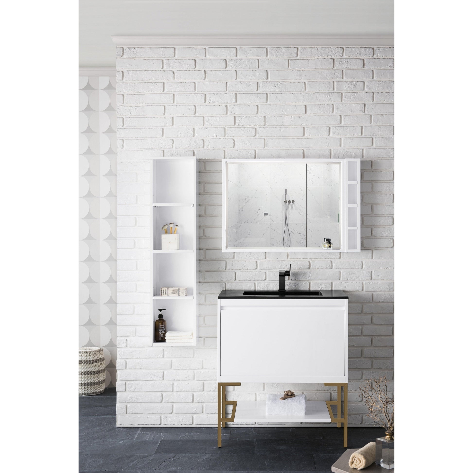James Martin Vanities Milan 31.5" Glossy White, Matte Black Single Vanity Cabinet With Glossy White Composite Top