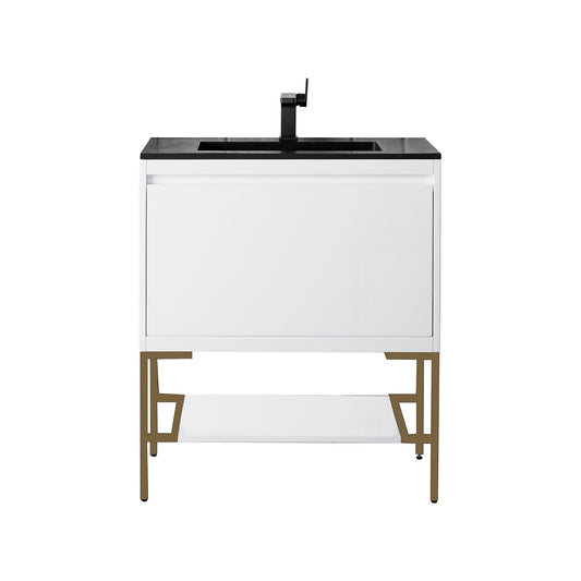 James Martin Vanities Milan 31.5" Glossy White, Matte Black Single Vanity Cabinet With Glossy White Composite Top