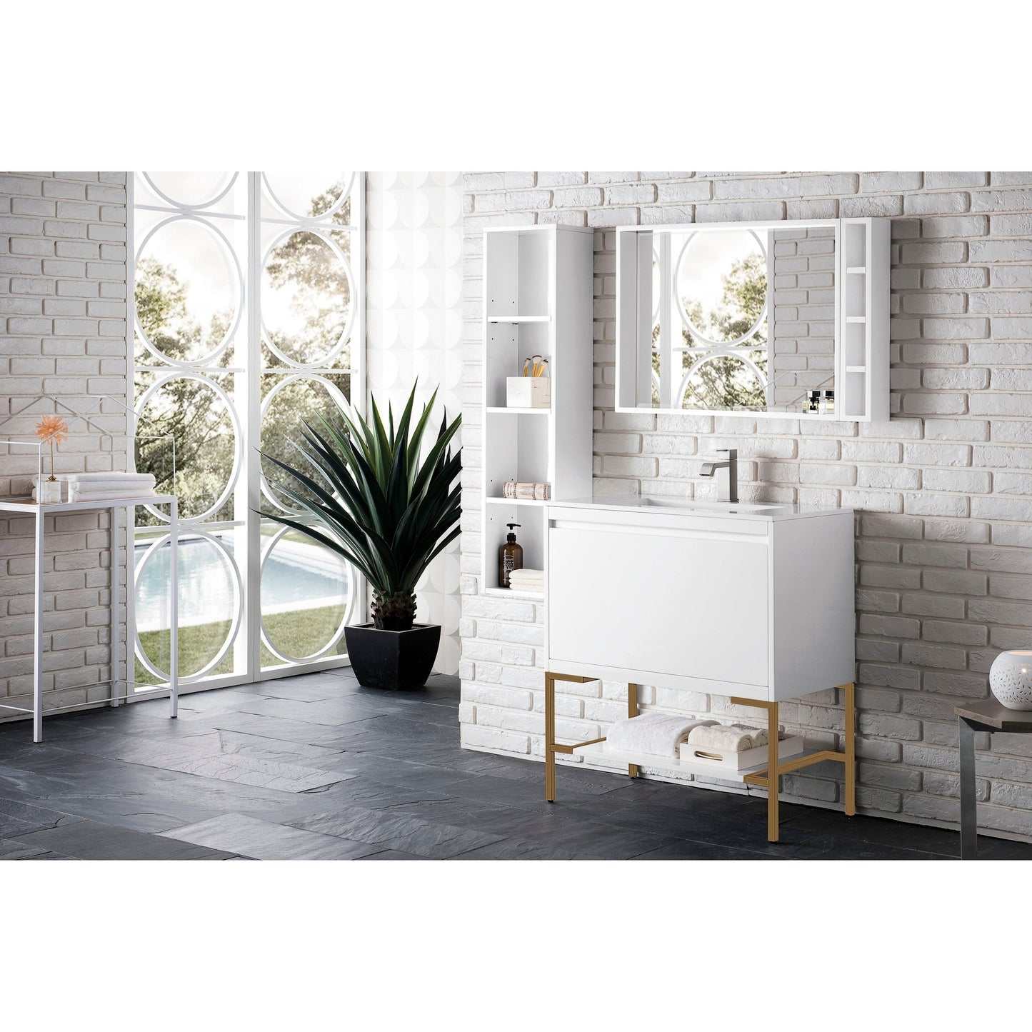 James Martin Vanities Milan 31.5" Glossy White, Radiant Gold Single Vanity Cabinet With Charcoal Black Composite Top