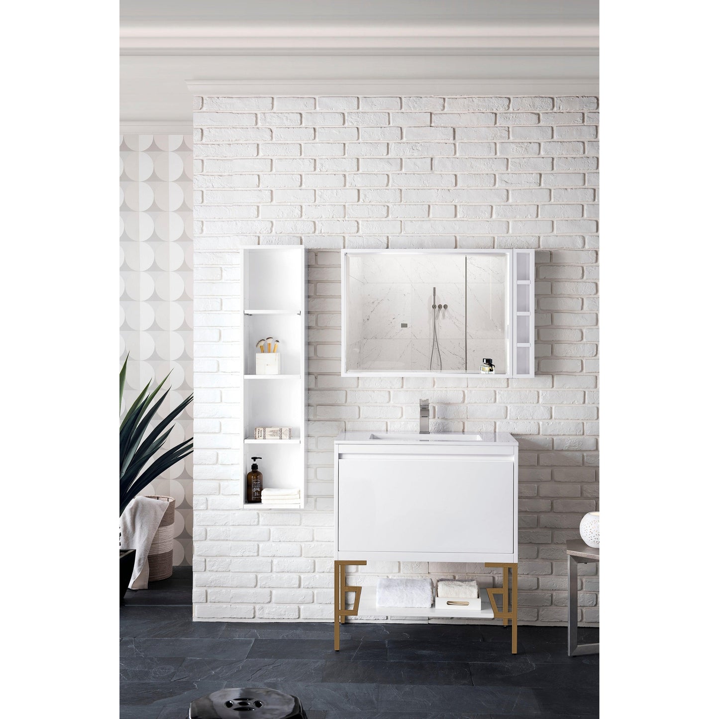 James Martin Vanities Milan 31.5" Glossy White, Radiant Gold Single Vanity Cabinet With Glossy White Composite Top