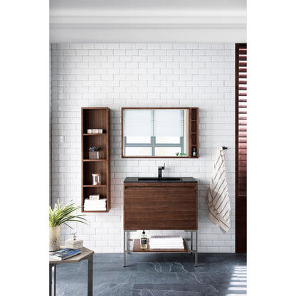 James Martin Vanities Milan 31.5" Mid Century Walnut, Brushed Nickel Single Vanity Cabinet With Charcoal Black Composite Top