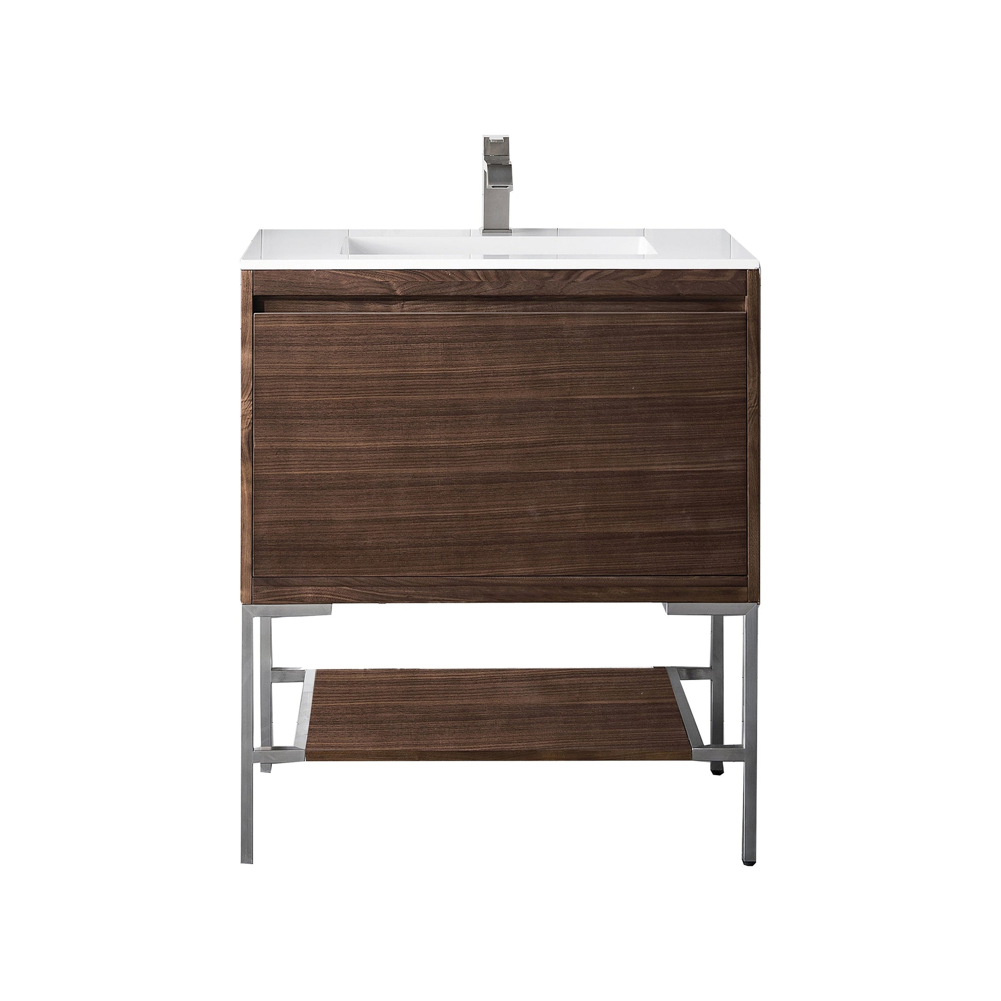 James Martin Vanities Milan 31.5" Mid Century Walnut, Brushed Nickel Single Vanity Cabinet With Glossy White Composite Top