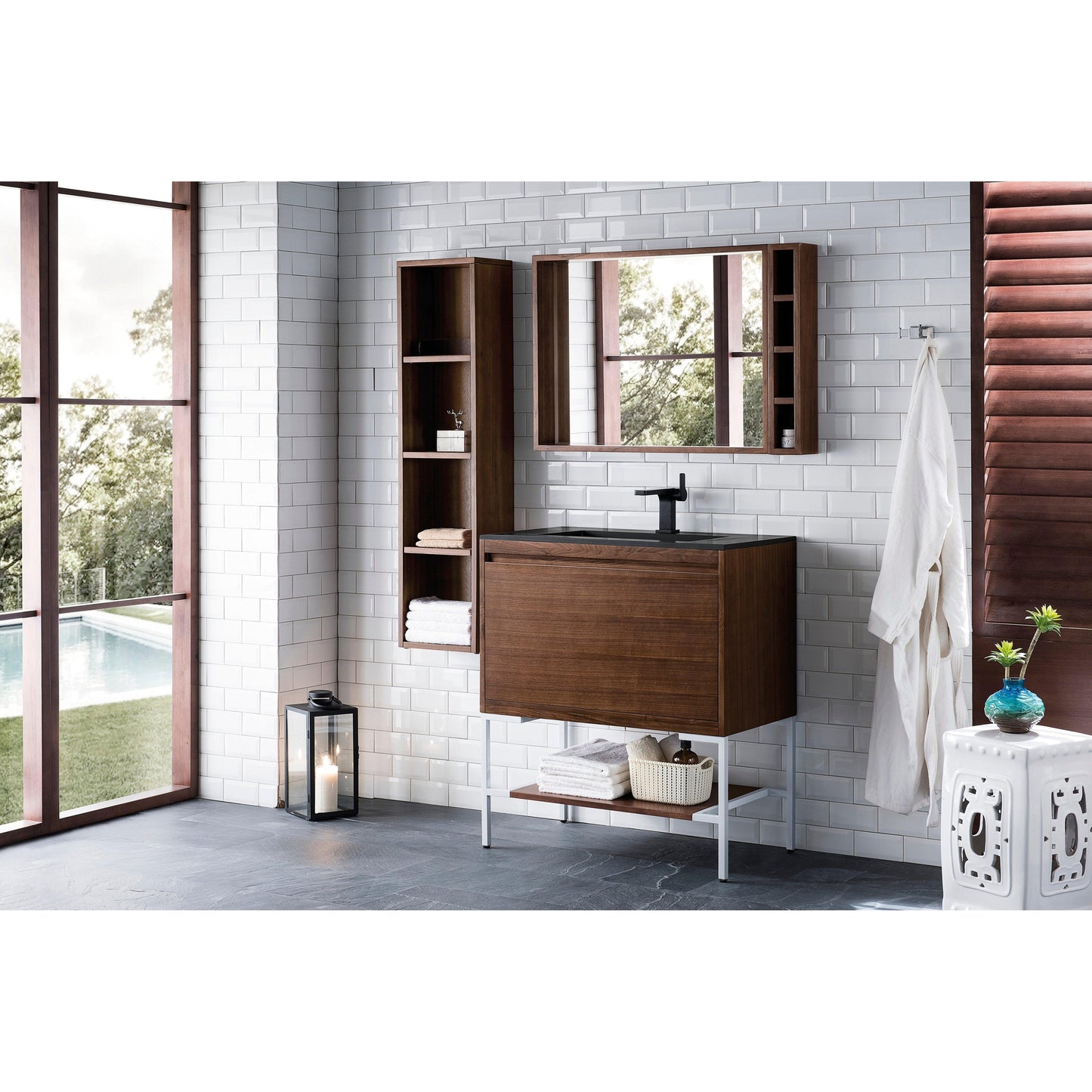 James Martin Vanities Milan 31.5" Mid Century Walnut, Glossy White Single Vanity Cabinet With Charcoal Black Composite Top