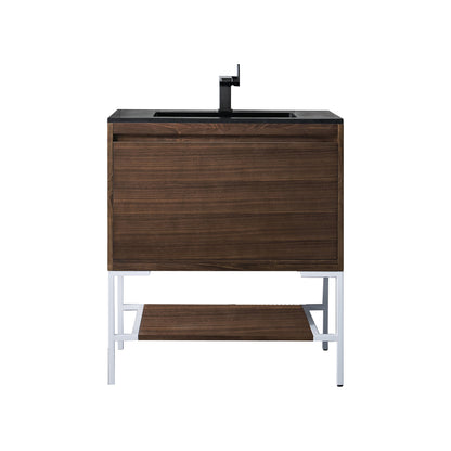 James Martin Vanities Milan 31.5" Mid Century Walnut, Glossy White Single Vanity Cabinet With Charcoal Black Composite Top