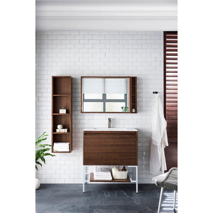 James Martin Vanities Milan 31.5" Mid Century Walnut, Glossy White Single Vanity Cabinet With Glossy White Composite Top