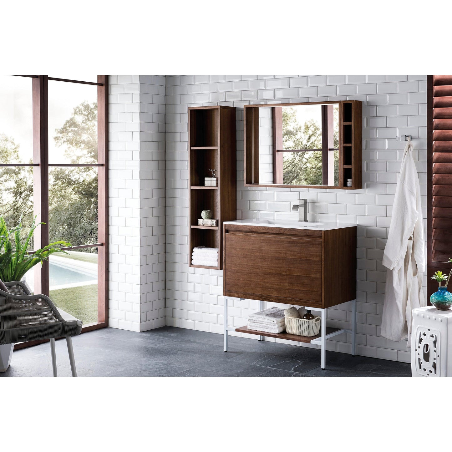 James Martin Vanities Milan 31.5" Mid Century Walnut, Glossy White Single Vanity Cabinet With Glossy White Composite Top