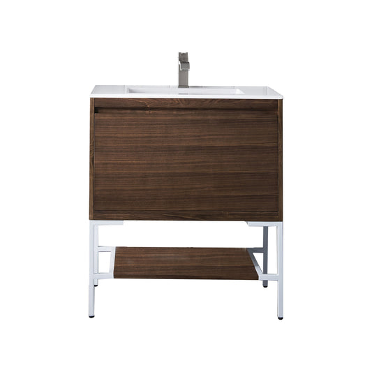 James Martin Vanities Milan 31.5" Mid Century Walnut, Glossy White Single Vanity Cabinet With Glossy White Composite Top