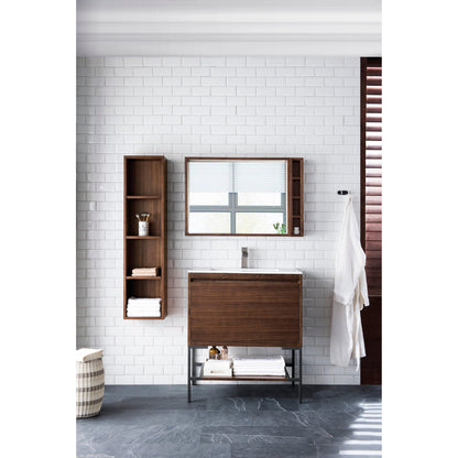 James Martin Vanities Milan 31.5" Mid Century Walnut, Matte Black Single Vanity Cabinet With Glossy White Composite Top