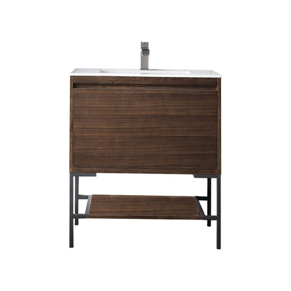 James Martin Vanities Milan 31.5" Mid Century Walnut, Matte Black Single Vanity Cabinet With Glossy White Composite Top