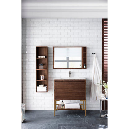 James Martin Vanities Milan 31.5" Mid Century Walnut, Radiant Gold Single Vanity Cabinet With Glossy White Composite Top