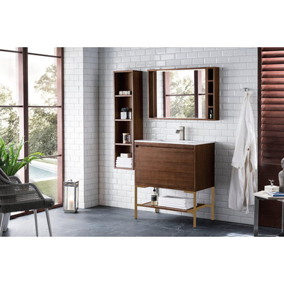 James Martin Vanities Milan 31.5" Mid Century Walnut, Radiant Gold Single Vanity Cabinet With Glossy White Composite Top