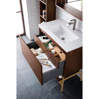 James Martin Vanities Milan 31.5" Mid Century Walnut, Radiant Gold Single Vanity Cabinet With Glossy White Composite Top