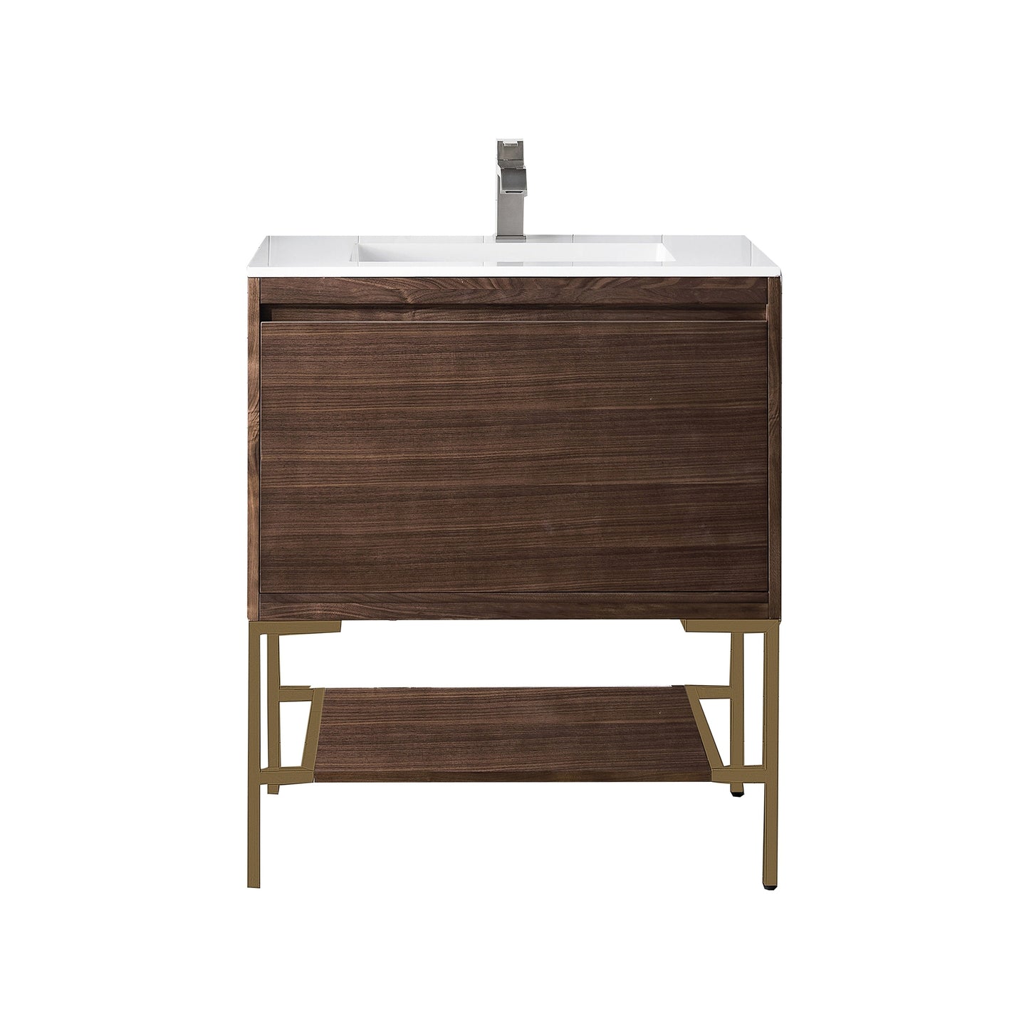 James Martin Vanities Milan 31.5" Mid Century Walnut, Radiant Gold Single Vanity Cabinet With Glossy White Composite Top