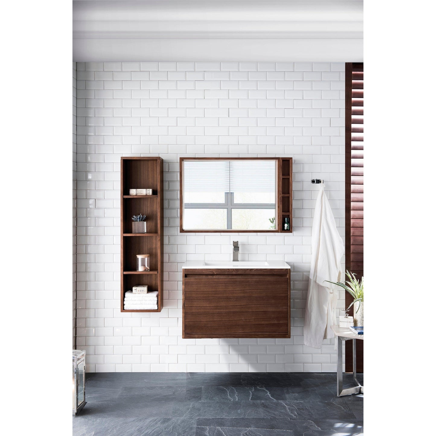 James Martin Vanities Milan 31.5" Mid Century Walnut Single Vanity Cabinet With Glossy White Composite Top