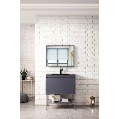 James Martin Vanities Milan 31.5" Modern Grey Glossy, Brushed Nickel Single Vanity Cabinet With Charcoal Black Composite Top