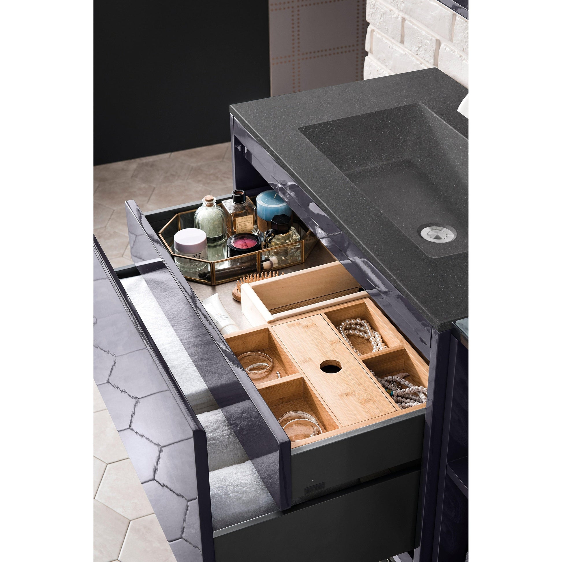 James Martin Vanities Milan 31.5" Modern Grey Glossy, Brushed Nickel Single Vanity Cabinet With Charcoal Black Composite Top