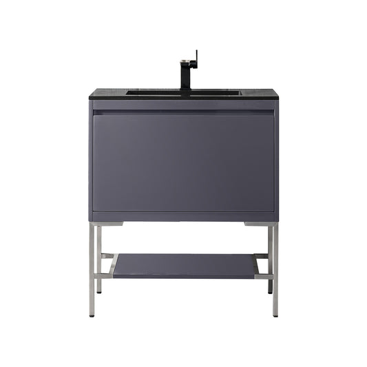 James Martin Vanities Milan 31.5" Modern Grey Glossy, Brushed Nickel Single Vanity Cabinet With Charcoal Black Composite Top