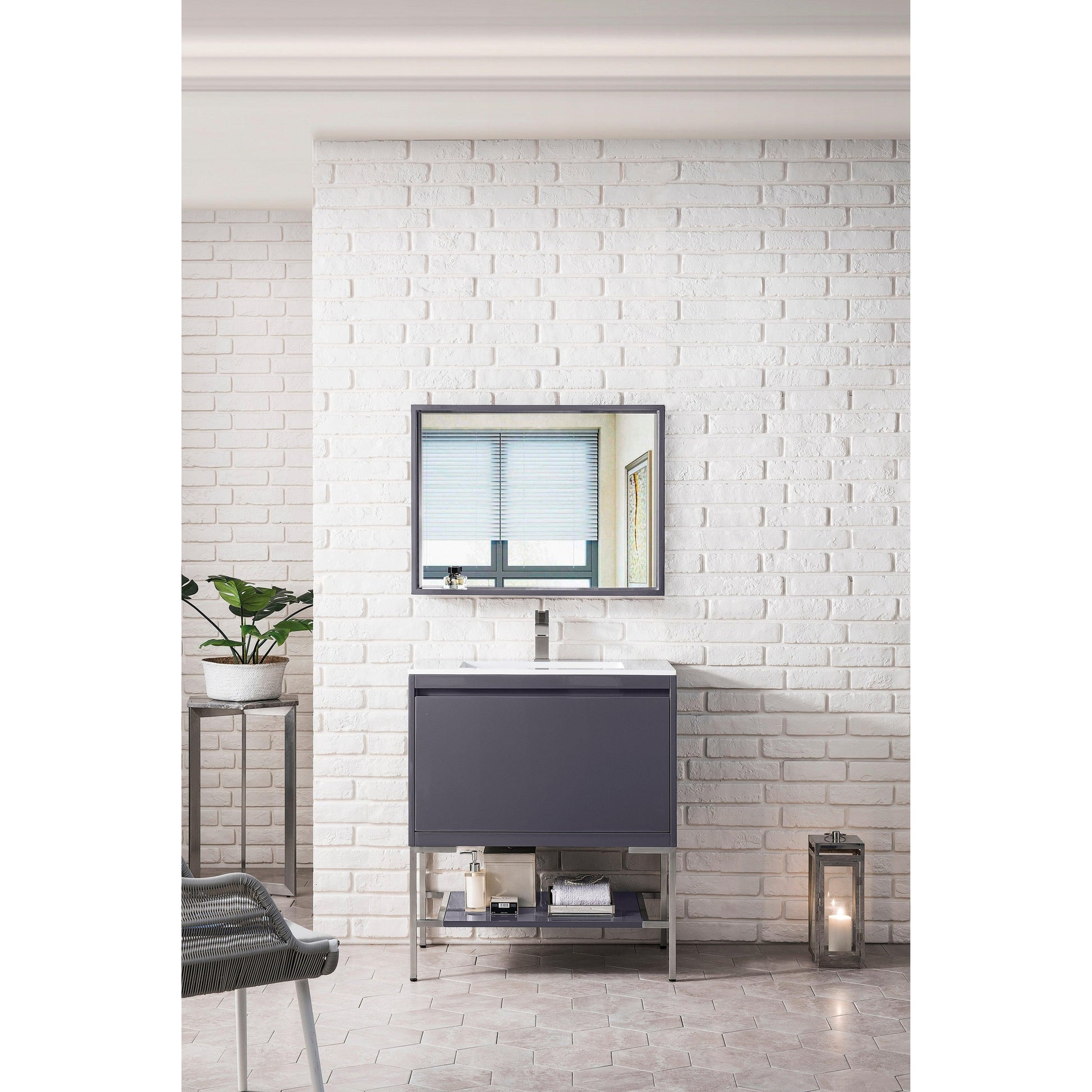 James Martin Vanities Milan 31.5" Modern Grey Glossy, Brushed Nickel Single Vanity Cabinet With Glossy White Composite Top
