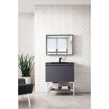 James Martin Vanities Milan 31.5" Modern Grey Glossy, Glossy White Single Vanity Cabinet With Charcoal Black Composite Top