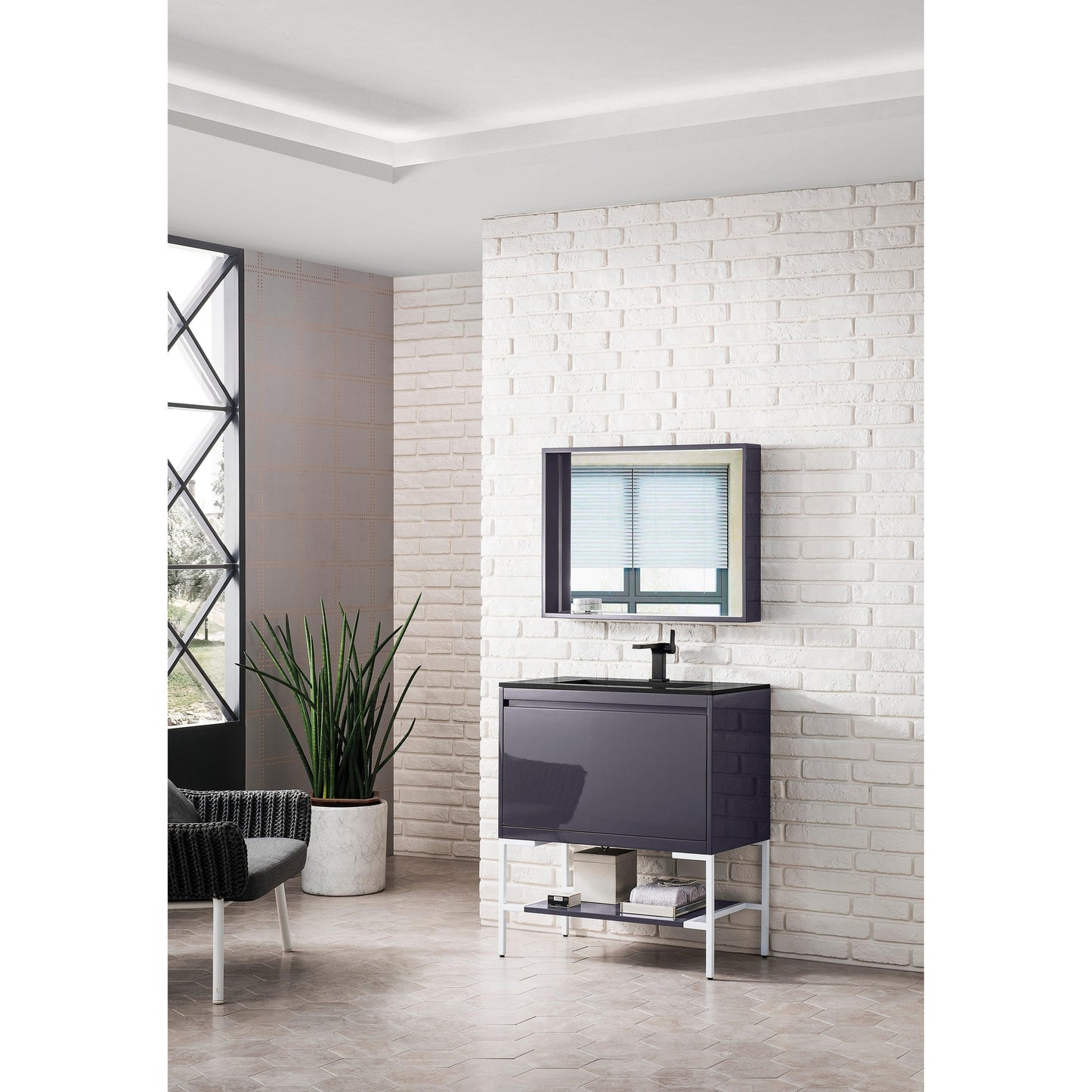 James Martin Vanities Milan 31.5" Modern Grey Glossy, Glossy White Single Vanity Cabinet With Charcoal Black Composite Top