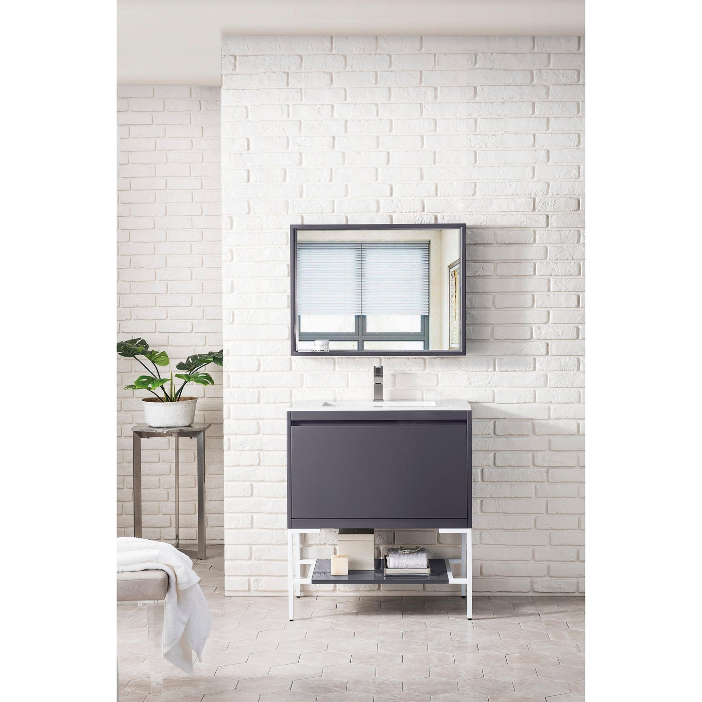 James Martin Vanities Milan 31.5" Modern Grey Glossy, Glossy White Single Vanity Cabinet With Glossy White Composite Top