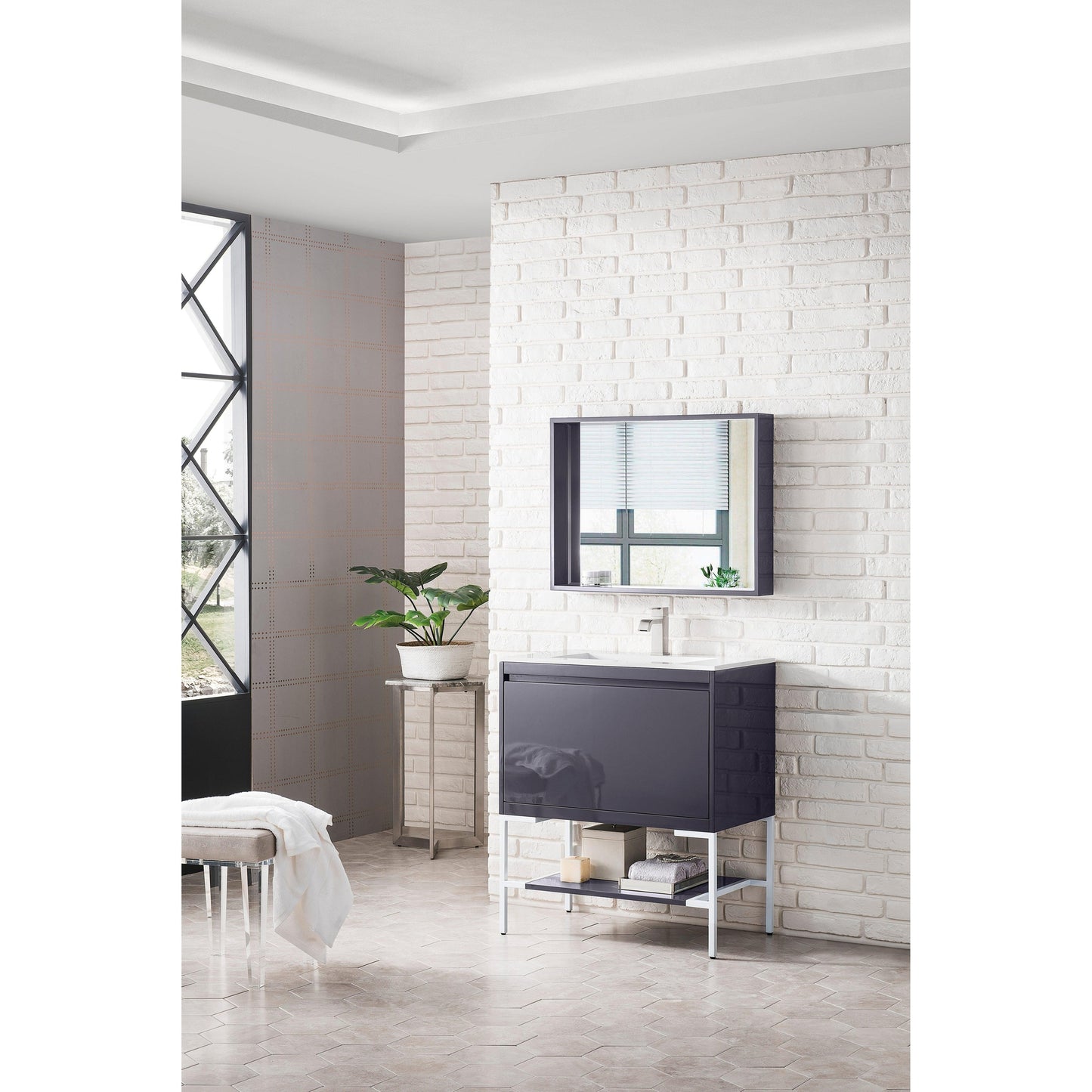 James Martin Vanities Milan 31.5" Modern Grey Glossy, Glossy White Single Vanity Cabinet With Glossy White Composite Top
