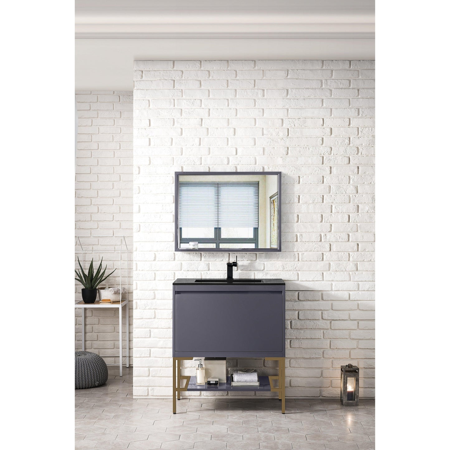 James Martin Vanities Milan 31.5" Modern Grey Glossy, Radiant Gold Single Vanity Cabinet With Charcoal Black Composite Top