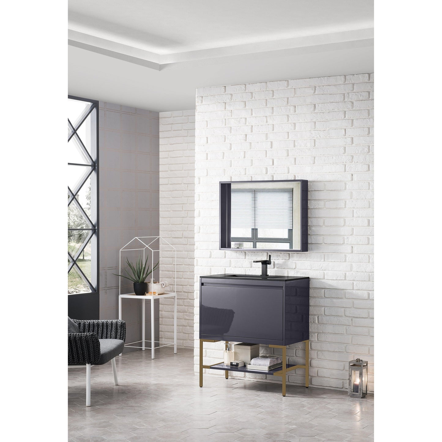 James Martin Vanities Milan 31.5" Modern Grey Glossy, Radiant Gold Single Vanity Cabinet With Charcoal Black Composite Top