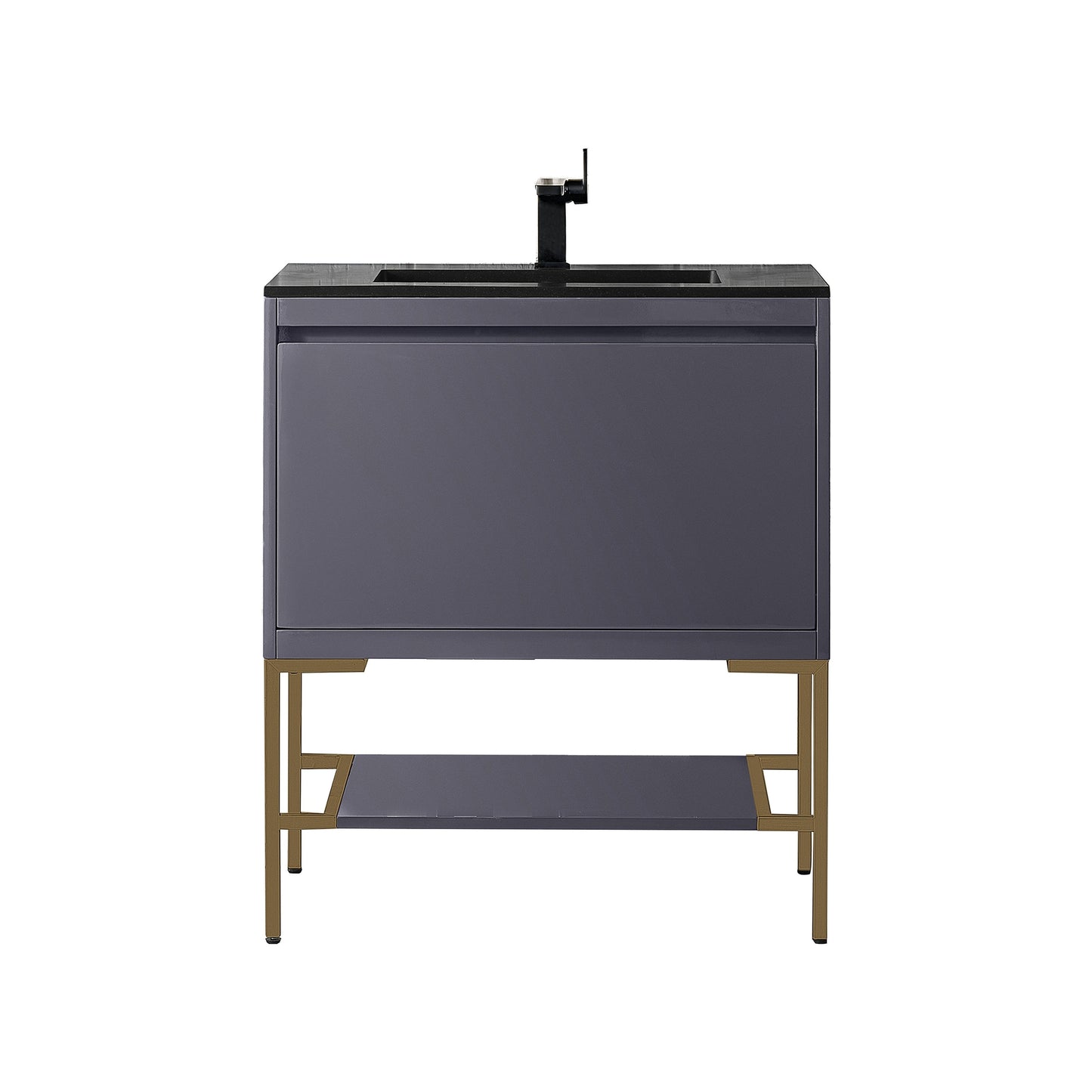 James Martin Vanities Milan 31.5" Modern Grey Glossy, Radiant Gold Single Vanity Cabinet With Charcoal Black Composite Top