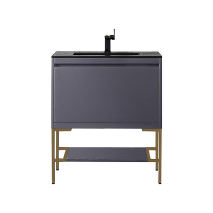 James Martin Vanities Milan 31.5" Modern Grey Glossy, Radiant Gold Single Vanity Cabinet With Charcoal Black Composite Top