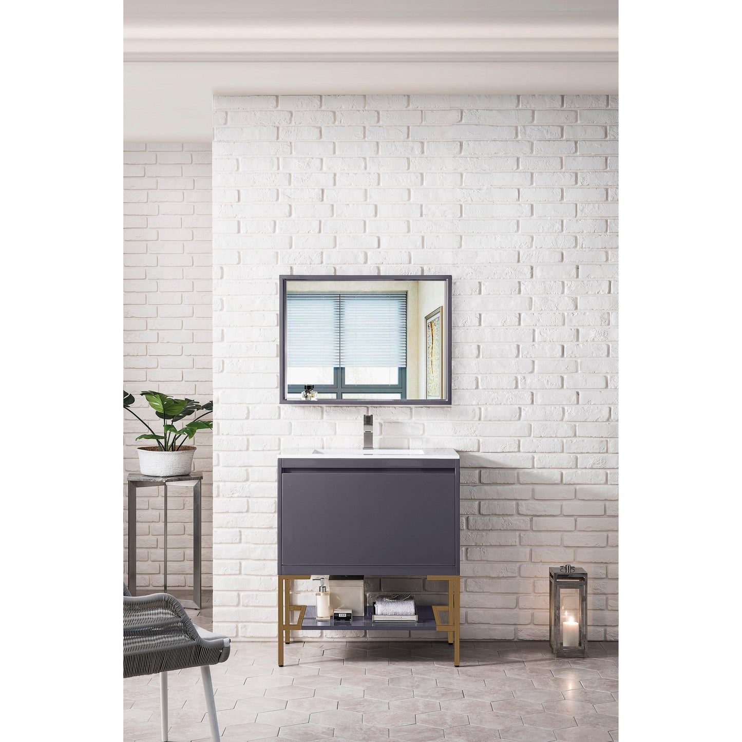 James Martin Vanities Milan 31.5" Modern Grey Glossy, Radiant Gold Single Vanity Cabinet With Glossy White Composite Top