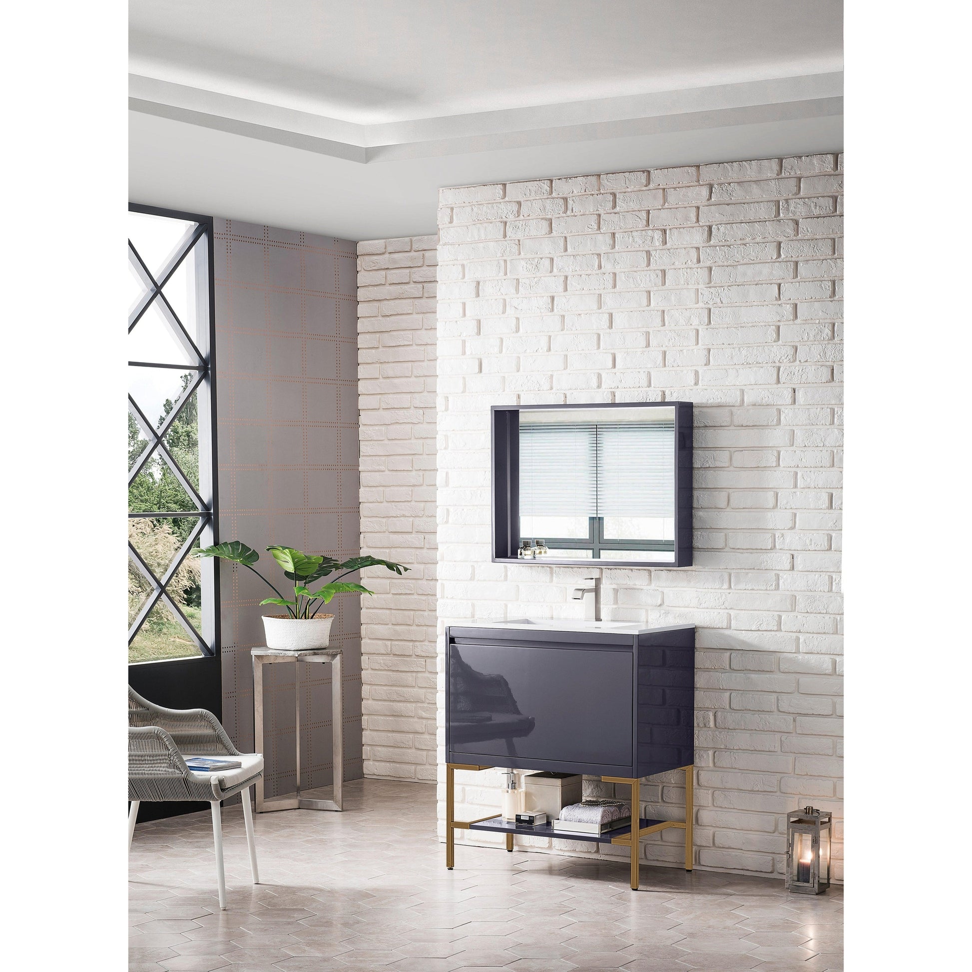 James Martin Vanities Milan 31.5" Modern Grey Glossy, Radiant Gold Single Vanity Cabinet With Glossy White Composite Top