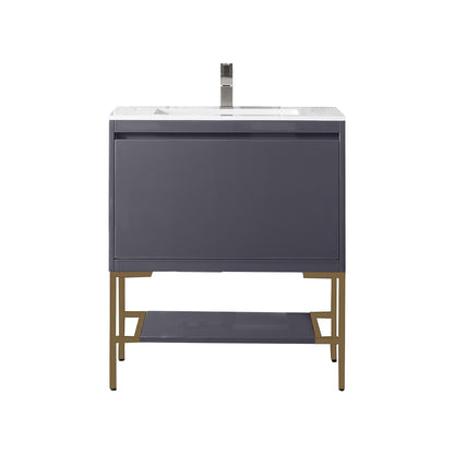 James Martin Vanities Milan 31.5" Modern Grey Glossy, Radiant Gold Single Vanity Cabinet With Glossy White Composite Top